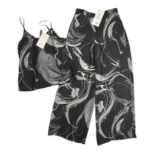 Athleta NWT Marble Print Wide Leg Pants & Cami Travel Lounge Set Black White